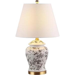JONATHAN Y 22″ Green/White Ceramic Table Lamp, French Country Chinoiserie Ginger Jar LED Bedside Lamp for Living Room Bedroom, White Linen Shade (JYL3005E)(Gray/White)