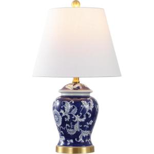 JONATHAN Y 22″ Green/White Ceramic Table Lamp, French Country Chinoiserie Ginger Jar LED Bedside Lamp for Living Room Bedroom, White Linen Shade (JYL3005E)(Navy/White)