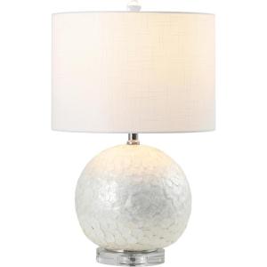 JONATHAN Y 23.5″ Pearl White Coastal Capiz Seashell Sphere LED Table Lamp, Contemporary Round Table Lamp with White Linen Drum Shade and Crystal Base, LED Bulb Included JYL1055A