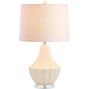JONATHAN Y 24.5″ Cream Ceramic Table Lamp for Bedroom, Modern Bedside Desk Lamp, White Linen Drum Shade, Fluted Gourd for Living Room, LED Bulb Included (JYL8018C)(Cream)