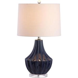 JONATHAN Y 24.5″ Cream Ceramic Table Lamp for Bedroom, Modern Bedside Desk Lamp, White Linen Drum Shade, Fluted Gourd for Living Room, LED Bulb Included (JYL8018C)(Navy)