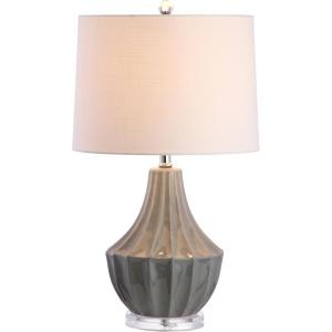 JONATHAN Y 24.5″ Cream Ceramic Table Lamp for Bedroom, Modern Bedside Desk Lamp, White Linen Drum Shade, Fluted Gourd for Living Room, LED Bulb Included (JYL8018C)(Gray)