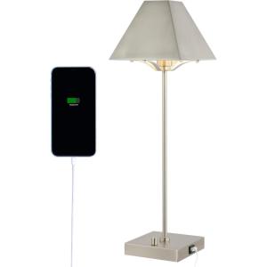 JONATHAN Y 25″ Nickel Industrial Iron Pyramid Bedside LED Table Lamp with USB Charging Port, Modern Minimalist Lamp for Bedroom Home Office, LED Bulb Included JYL6017A