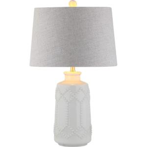 JONATHAN Y 26″ Cream Textured Ceramic Table Lamp, Transitional Boho Geometric Trellis Bedside Lamp for Bedroom Living Room, Gray Linen Drum Shade, LED Bulb Included JYL4018A