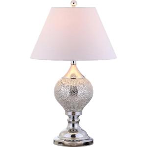 JONATHAN Y 27″ Silver Mirrored Mosaic Table Lamp, Glam Contemporary Chrome Iron Spindle Lamp with White Linen Empire Shade for Living Room Bedroom, LED Bulb Included JYL4008A