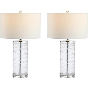 JONATHAN Y 27.5″ Clear Modern Fused Glass Table Lamp Set of 2 for Bedroom Living Room, Coastal Nightstand Bedside Lamp with White Linen Shade, LED Bulbs Included (JYL4016B-SET2)(Clear)