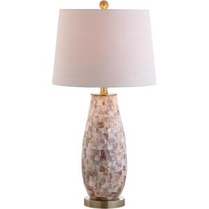JONATHAN Y 28″ Natural Mosaic Seashell Table Lamp, Coastal Contemporary Resin Lamp for Living Room Bedroom, White Linen Shade, Brass Gold Accents, LED Bulb Included JYL4005A