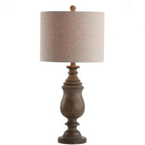 JONATHAN Y 28.5″ Brown Faux Wood Resin Table Lamp, Traditional Balustrade Nightstand Lamp for Living Room Bedroom, Gray Linen Drum Shade, UL Listed, LED Bulb Included JYL3041A