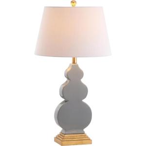 JONATHAN Y 29″ Navy Blue/Gold Ceramic Table Lamp for Bedroom Modern Bedside Lamp, White Linen Shade, Mid-Century Triple Gourd Desk Lamp for Office, LED Bulb Included JYL3018A(Grey/Gold)