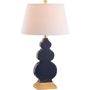 JONATHAN Y 29″ Navy Blue/Gold Ceramic Table Lamp for Bedroom Modern Bedside Lamp, White Linen Shade, Mid-Century Triple Gourd Desk Lamp for Office, LED Bulb Included JYL3018A(Navy/Gold)
