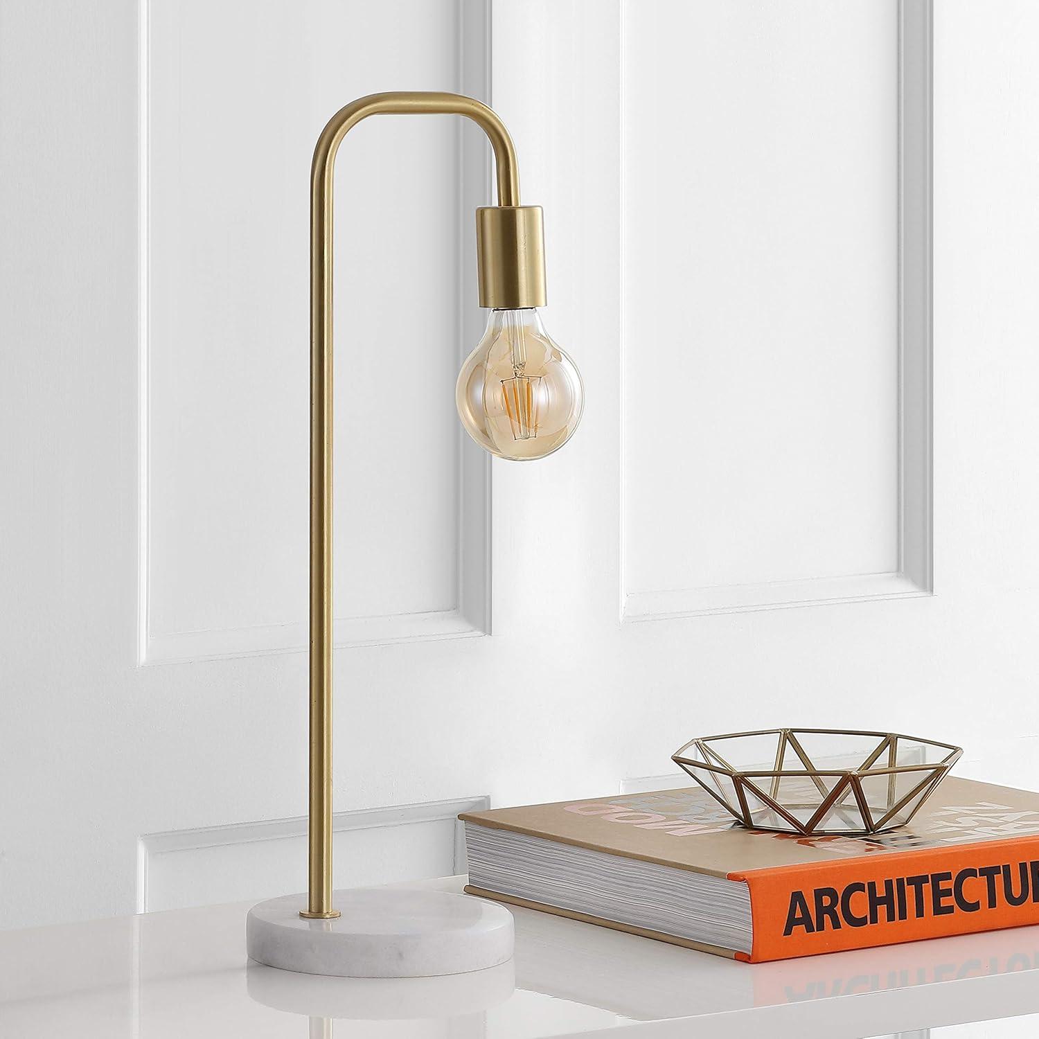 image:imageJONATHAN Y 205 Brass Gold Minimalist Glam Metal and Marble LED Table Lamp Modern Industrial Pipe Desk Lamp for Bedroom Office Nightstand White Marble Base LED Bulb Included JYL1094A
