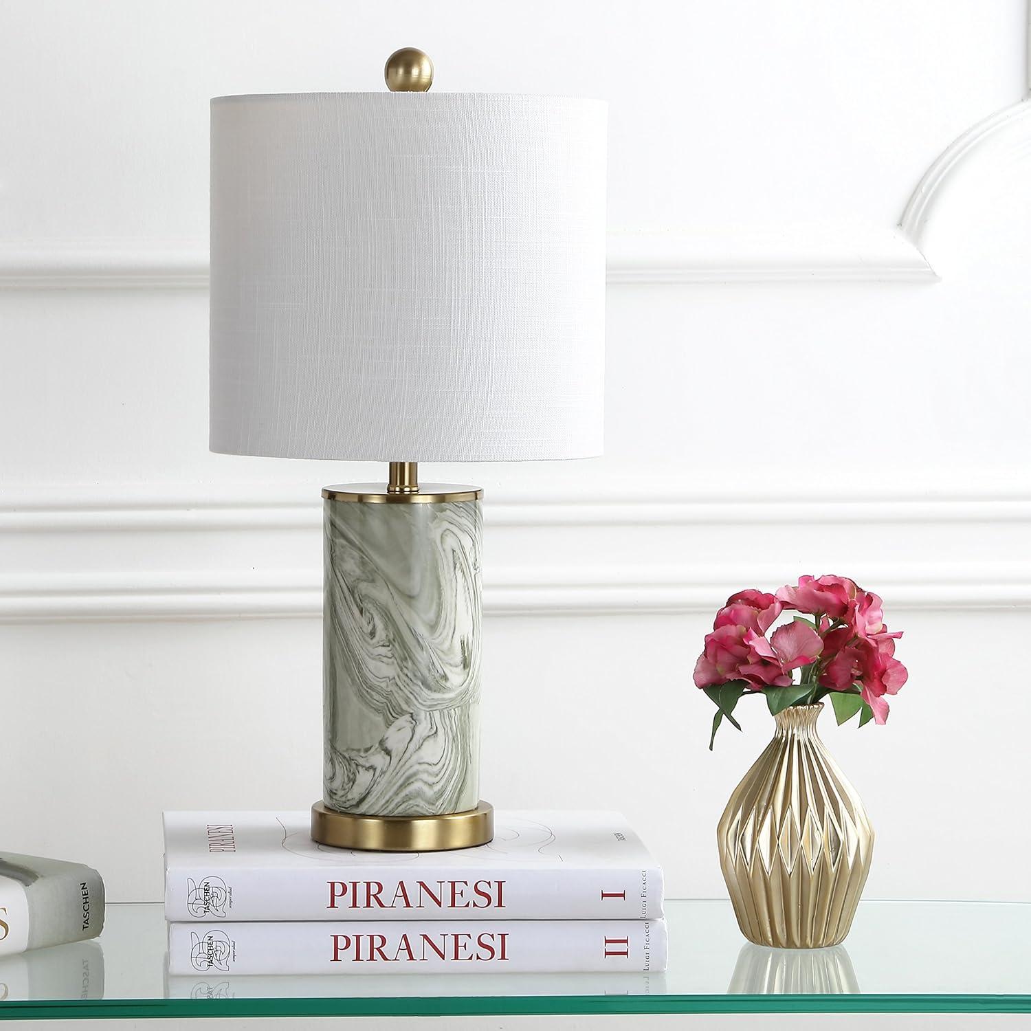 image:imageJONATHAN Y 205 GrayGreen Swirl Ceramic LED Table Lamp Contemporary Marbled Glaze Bedside Lamp for Living Room Bedroom White Linen Shade Brass Gold Base LED Bulb Included JYL3012A