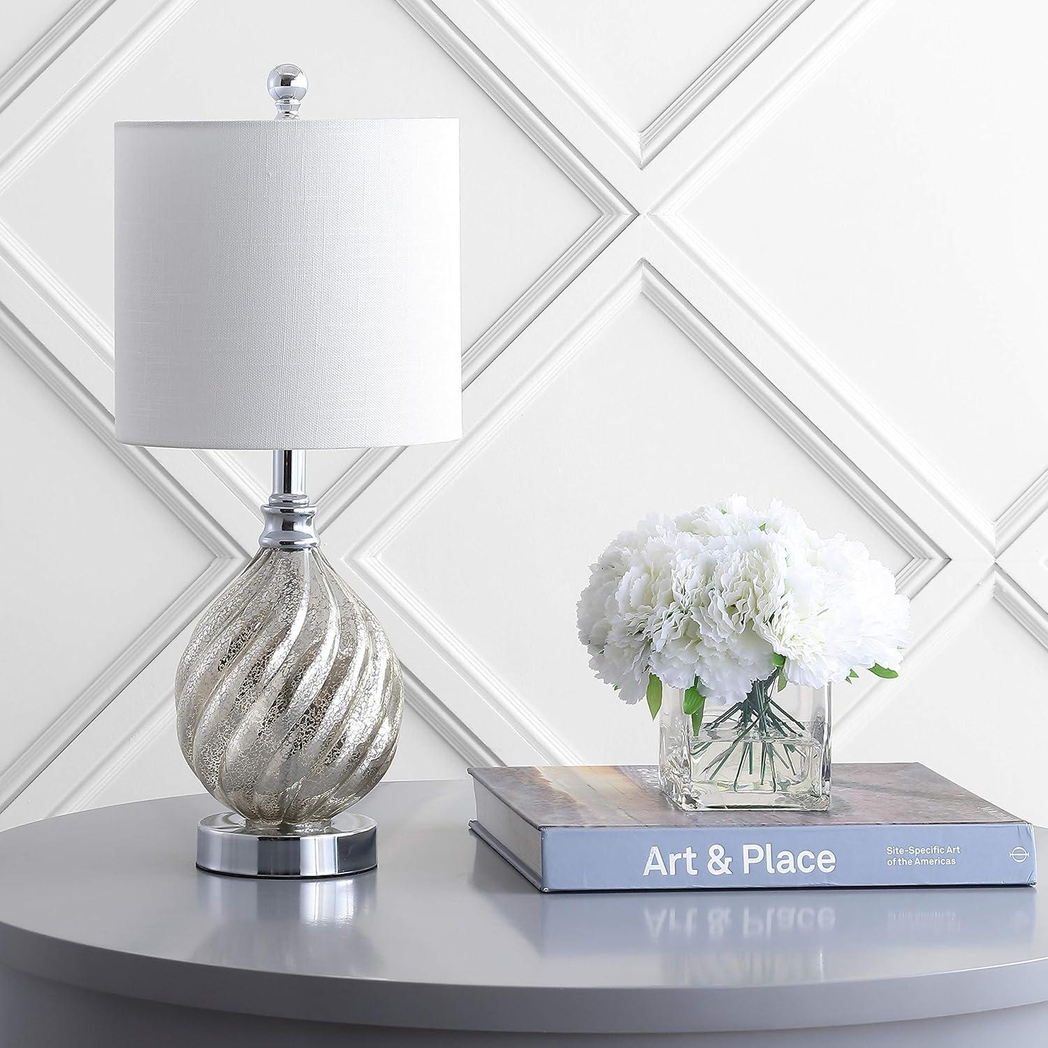 image:imageJONATHAN Y 205 Mercury Silver Textured GlassMetal LED Table Lamp Transitional Glam Bedside Nightstand Lamp White Linen Drum Shade Chrome Accents LED Bulb Included JYL1034A