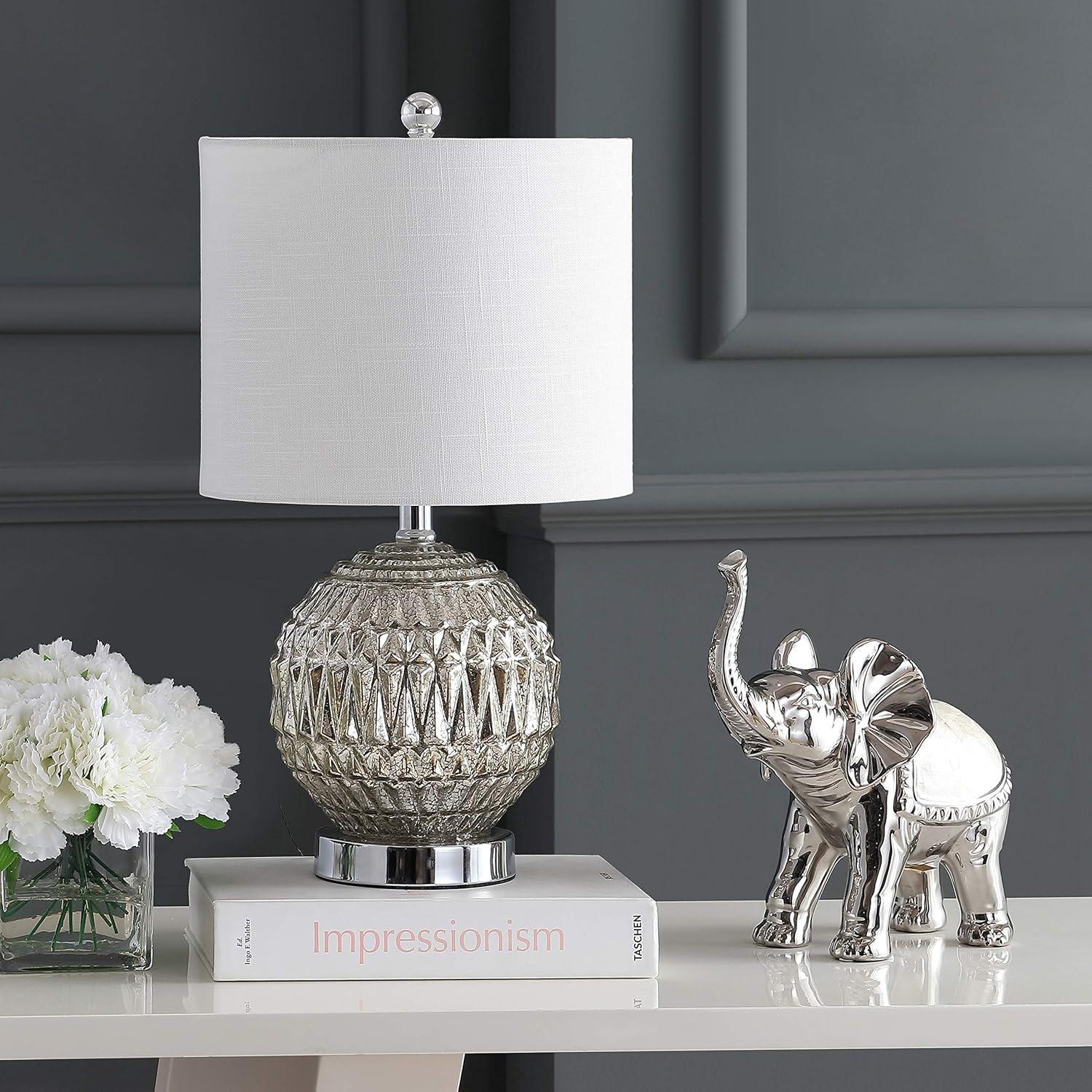 image:imageJONATHAN Y 205 Silver Mercury Glass Table Lamp Contemporary Chrome Sphere Metal Base with Ivory Linen Shade for Bedroom Living Room Nightstand LED Bulb Included JYL1041A