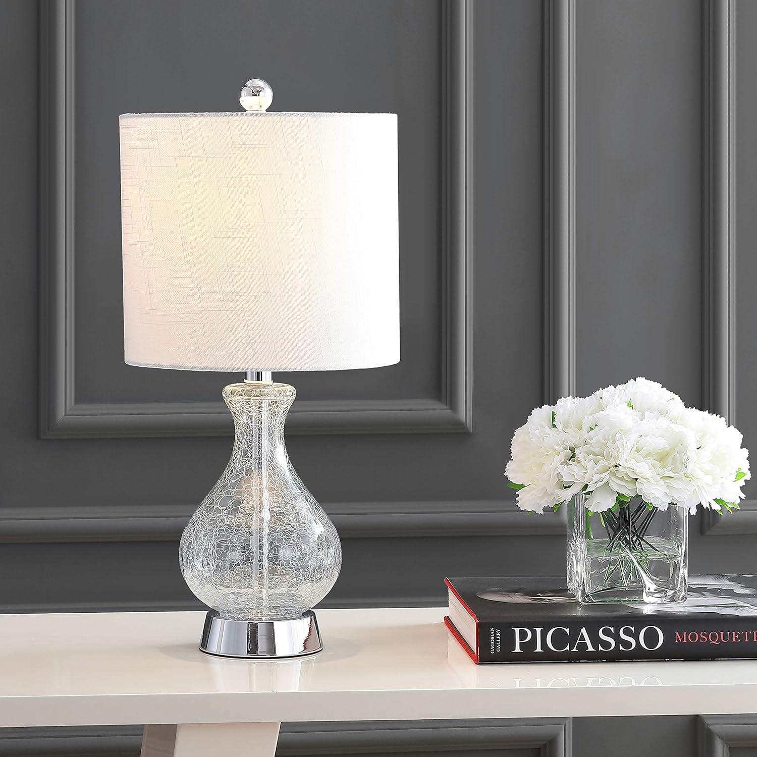 image:imageJONATHAN Y 21 Chrome and Crackled Glass Table Lamp Contemporary Artisanal Metal Bedside Lamp for Living Room White Linen Shade UL Listed LED Bulb Included JYL4035A