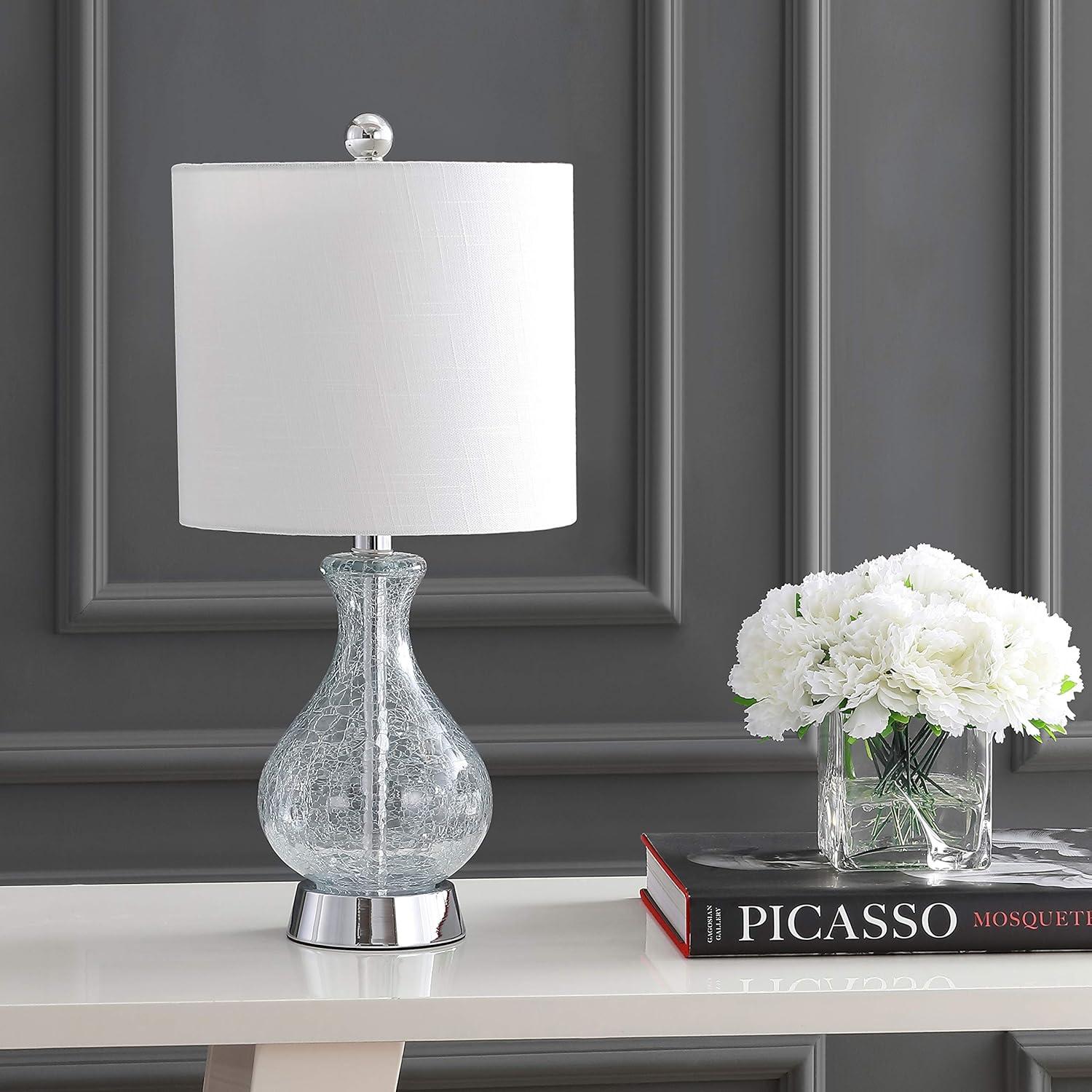 image:imageJONATHAN Y 21 Chrome and Crackled Glass Table Lamp Contemporary Artisanal Metal Bedside Lamp for Living Room White Linen Shade UL Listed LED Bulb Included JYL4035A