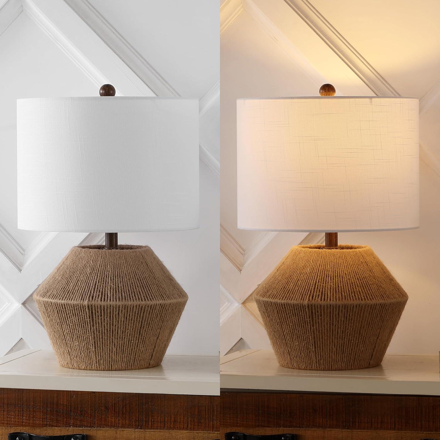 image:imageJONATHAN Y 2175 Brown Rope Coastal Rustic Table Lamp Farmhouse Iron Lamp with White Linen Drum Shade for Living Room Bedroom Nightstand LED Bulb Included JYL4049A
