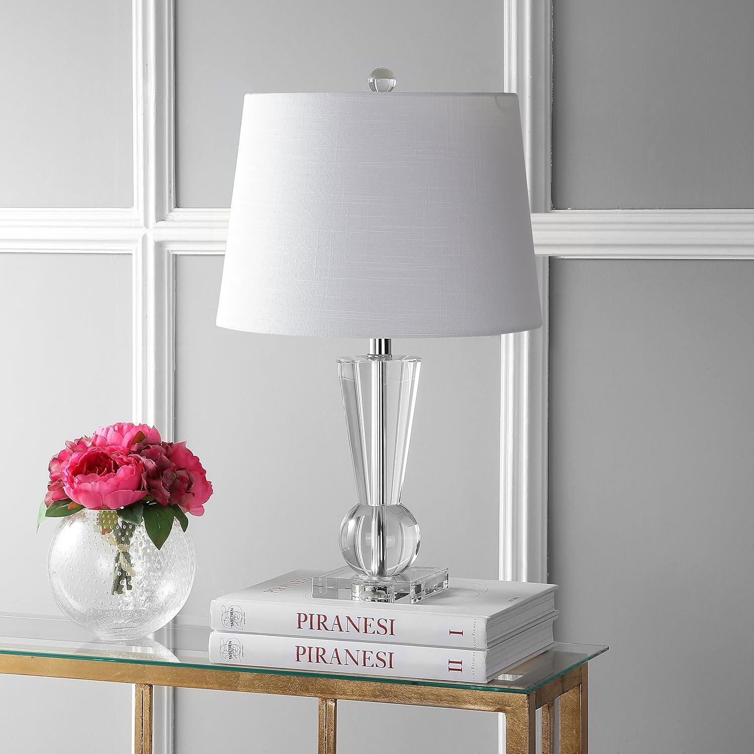 image:imageJONATHAN Y 22 Clear Crystal LED Table Lamp Glam Nightstand Lamp with Chrome Accents and White Linen Empire Shade for Bedroom Living Room LED Bulb Included UL Listed JYL5016A