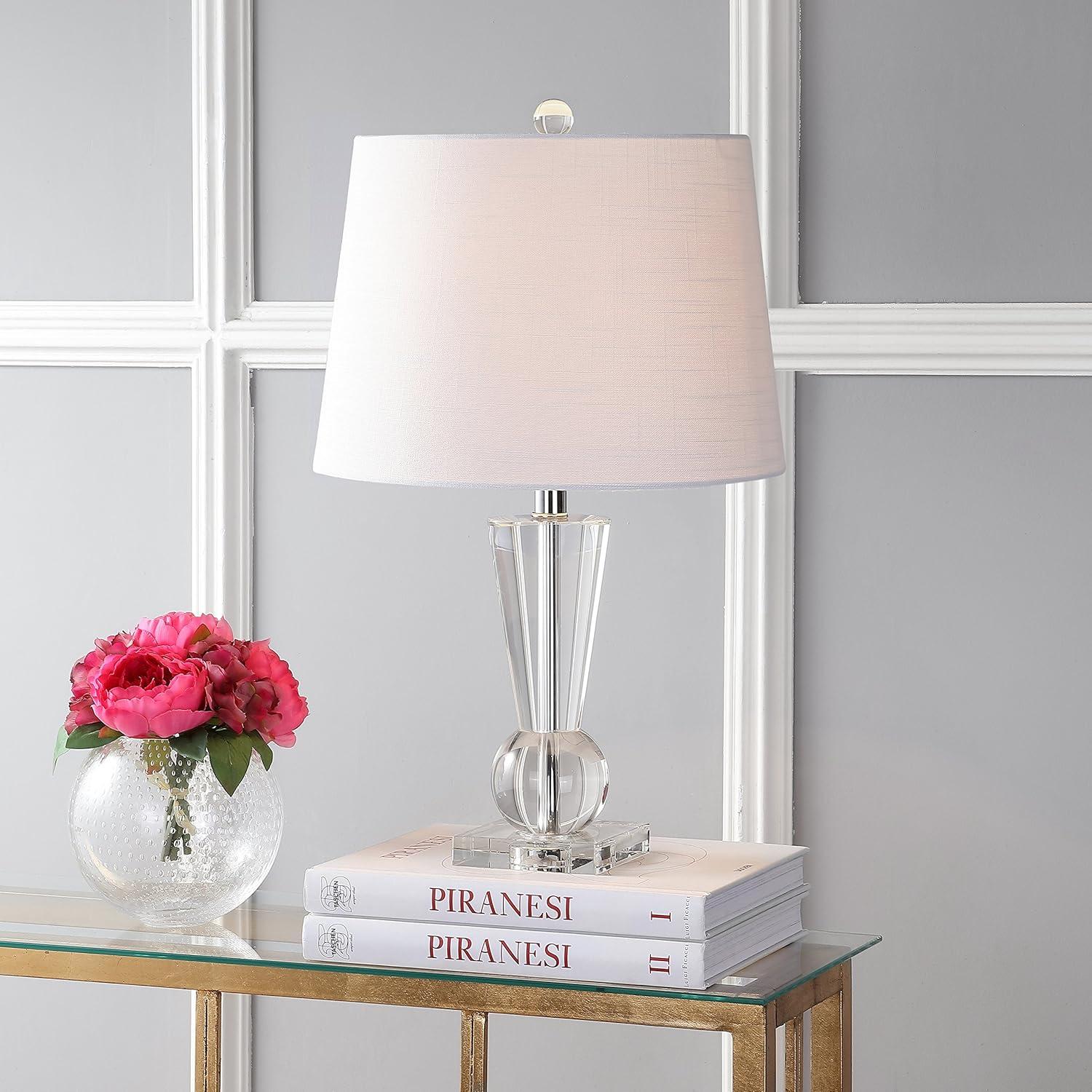 image:imageJONATHAN Y 22 Clear Crystal LED Table Lamp Glam Nightstand Lamp with Chrome Accents and White Linen Empire Shade for Bedroom Living Room LED Bulb Included UL Listed JYL5016A