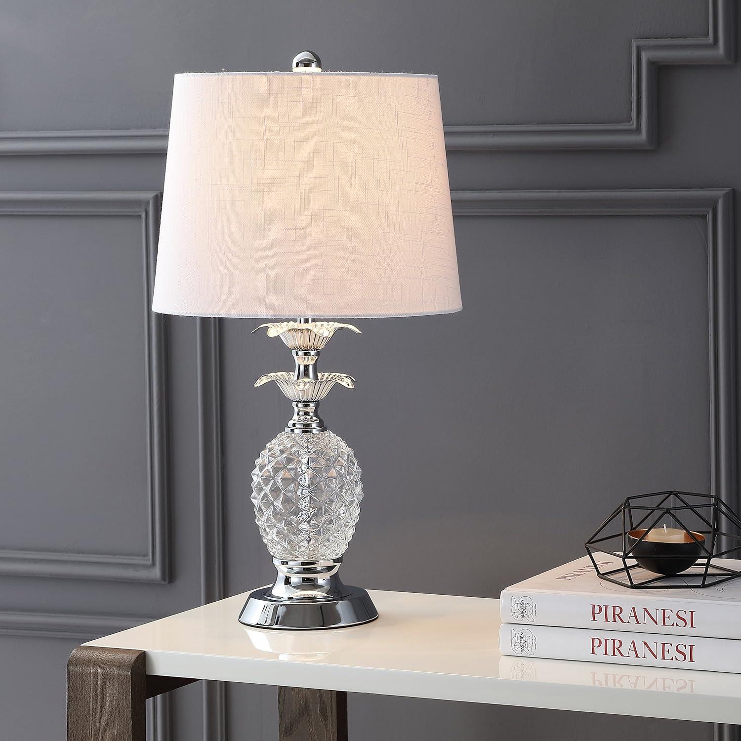 image:imageJONATHAN Y 24 Clear Glass Pineapple LED Table Lamp Chrome Accents Traditional Coastal Nightstand Lamp for Living Room Bedroom White Linen Shade LED Bulb Included JYL1078A