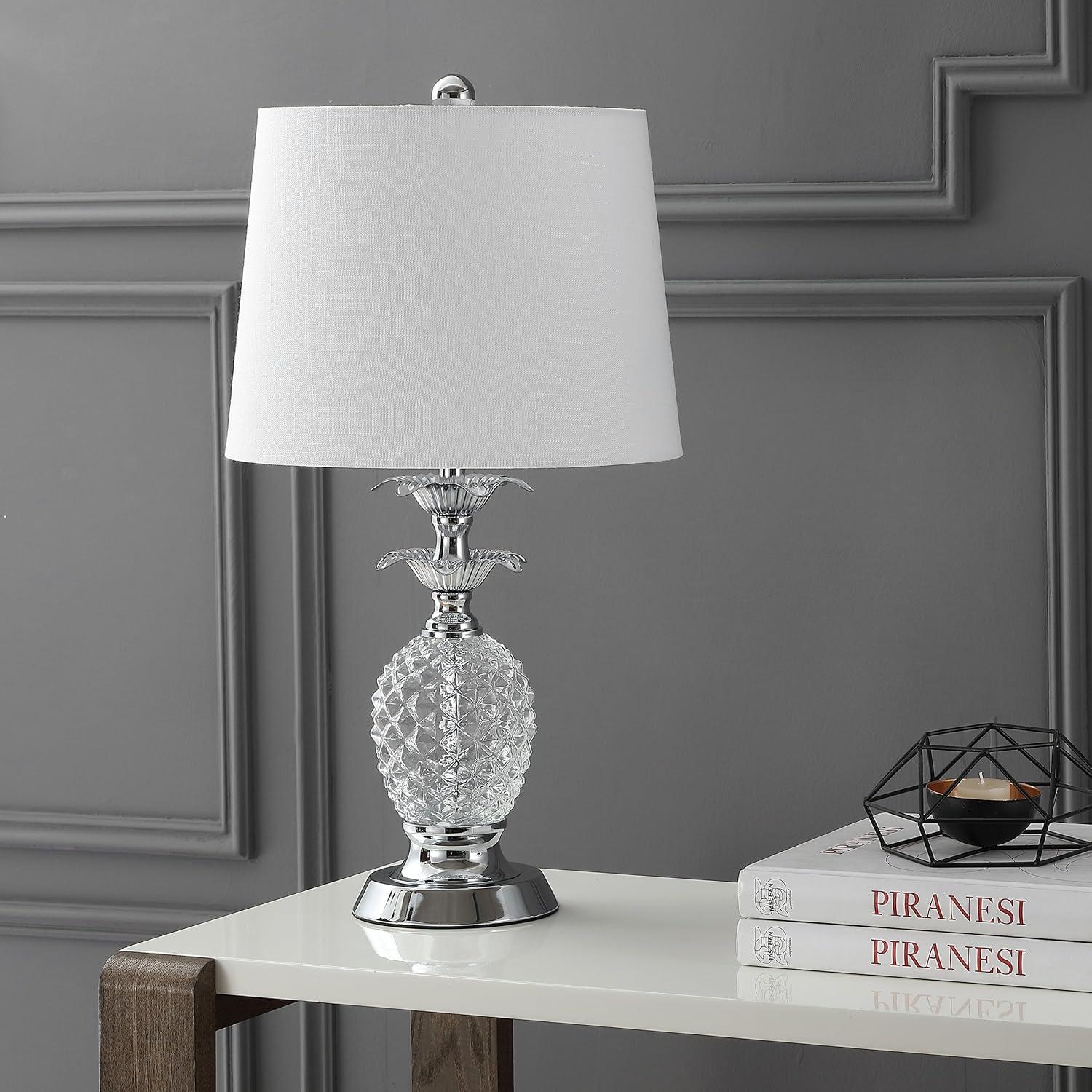image:imageJONATHAN Y 24 Clear Glass Pineapple LED Table Lamp Chrome Accents Traditional Coastal Nightstand Lamp for Living Room Bedroom White Linen Shade LED Bulb Included JYL1078A