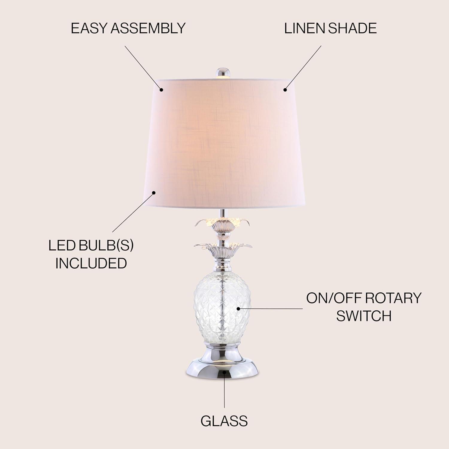 image:imageJONATHAN Y 24 Clear Glass Pineapple LED Table Lamp Chrome Accents Traditional Coastal Nightstand Lamp for Living Room Bedroom White Linen Shade LED Bulb Included JYL1078A
