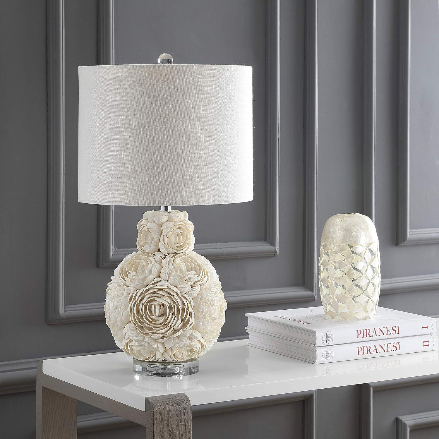 image:imageJONATHAN Y 24 Cream Seashell Rosette LED Table Lamp Coastal Floral Mosaic Resin and Crystal Bedside Lamp for Living Room White Linen Drum Shade LED Bulb Included JYL1049A