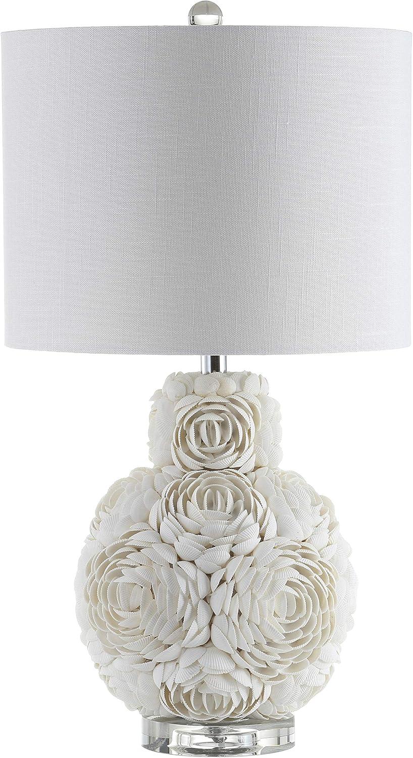 image:imageJONATHAN Y 24 Cream Seashell Rosette LED Table Lamp Coastal Floral Mosaic Resin and Crystal Bedside Lamp for Living Room White Linen Drum Shade LED Bulb Included JYL1049A