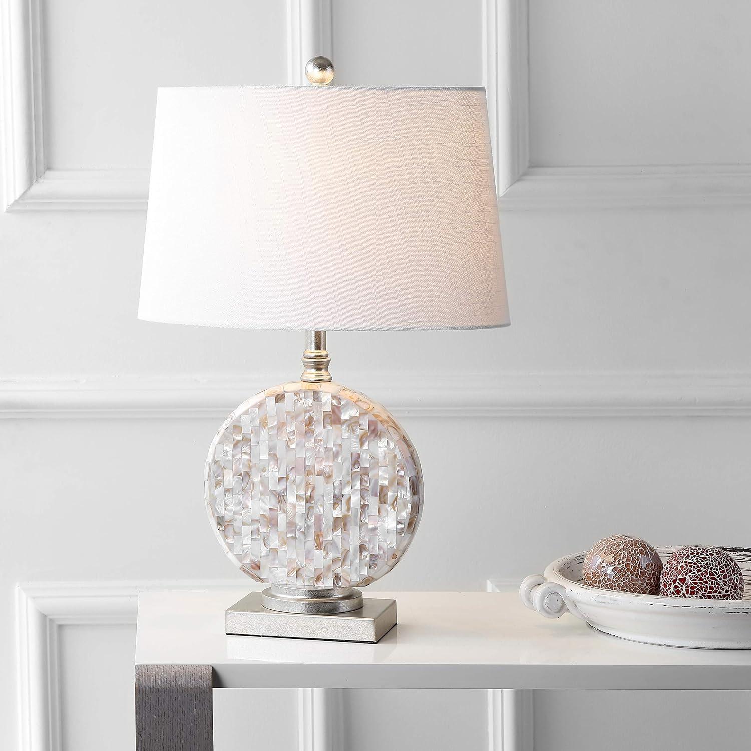image:imageJONATHAN Y 24 Dennis Cream MotherofPearl Seashell Table Lamp Coastal Traditional Bedside Lamp for Living Room Bedroom White Linen Drum Shade LED Bulb Included JYL1050A