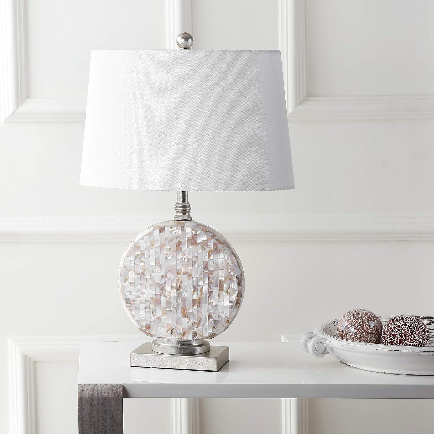 image:imageJONATHAN Y 24 Dennis Cream MotherofPearl Seashell Table Lamp Coastal Traditional Bedside Lamp for Living Room Bedroom White Linen Drum Shade LED Bulb Included JYL1050A