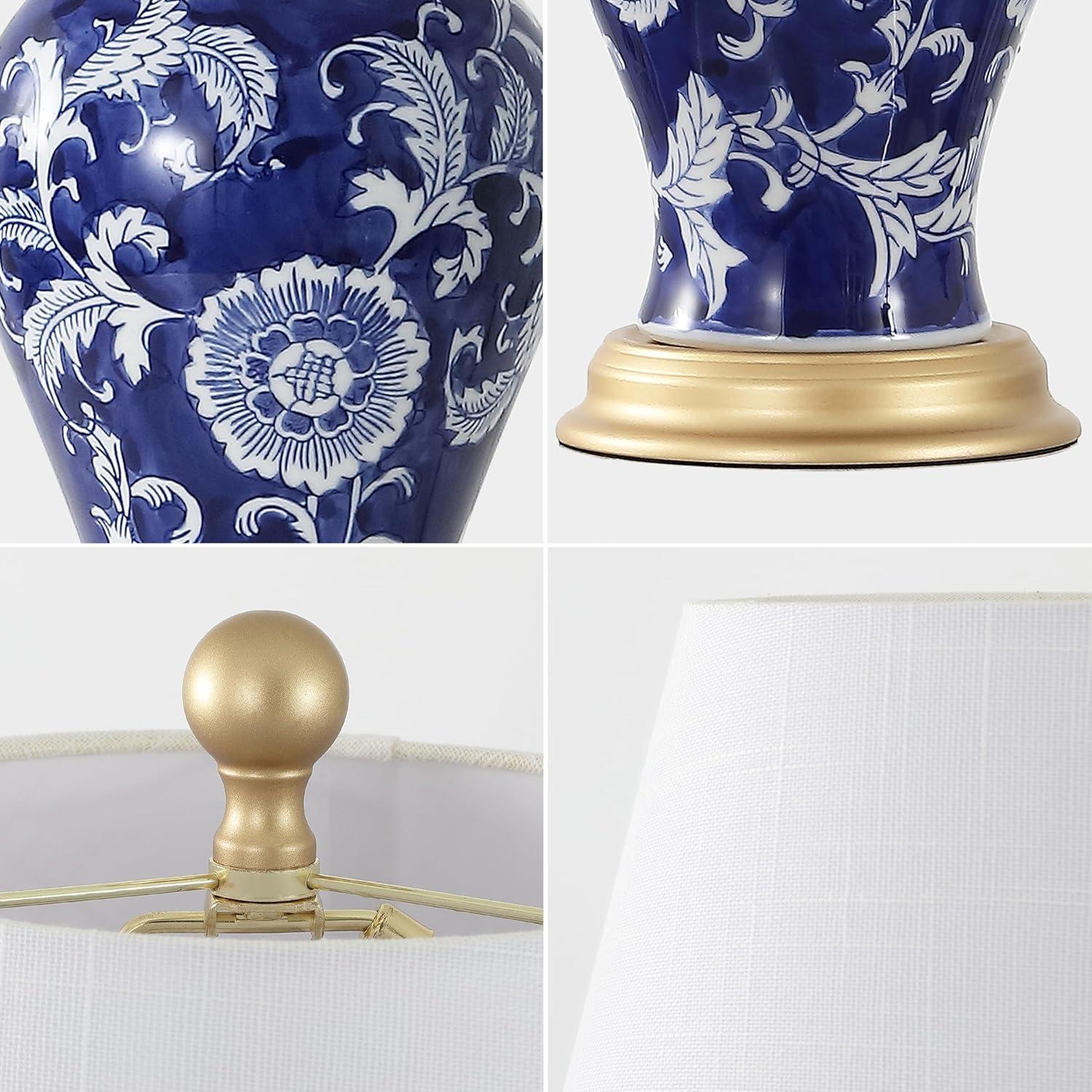 image:imageJONATHAN Y 24 GreenWhite French Country Ceramic Floral Urn Table Lamp White Linen Shade Chinoiserie Ginger Jar Bedside Lamp for Living Room Bedroom LED Bulb JYL3009FNavyWhite