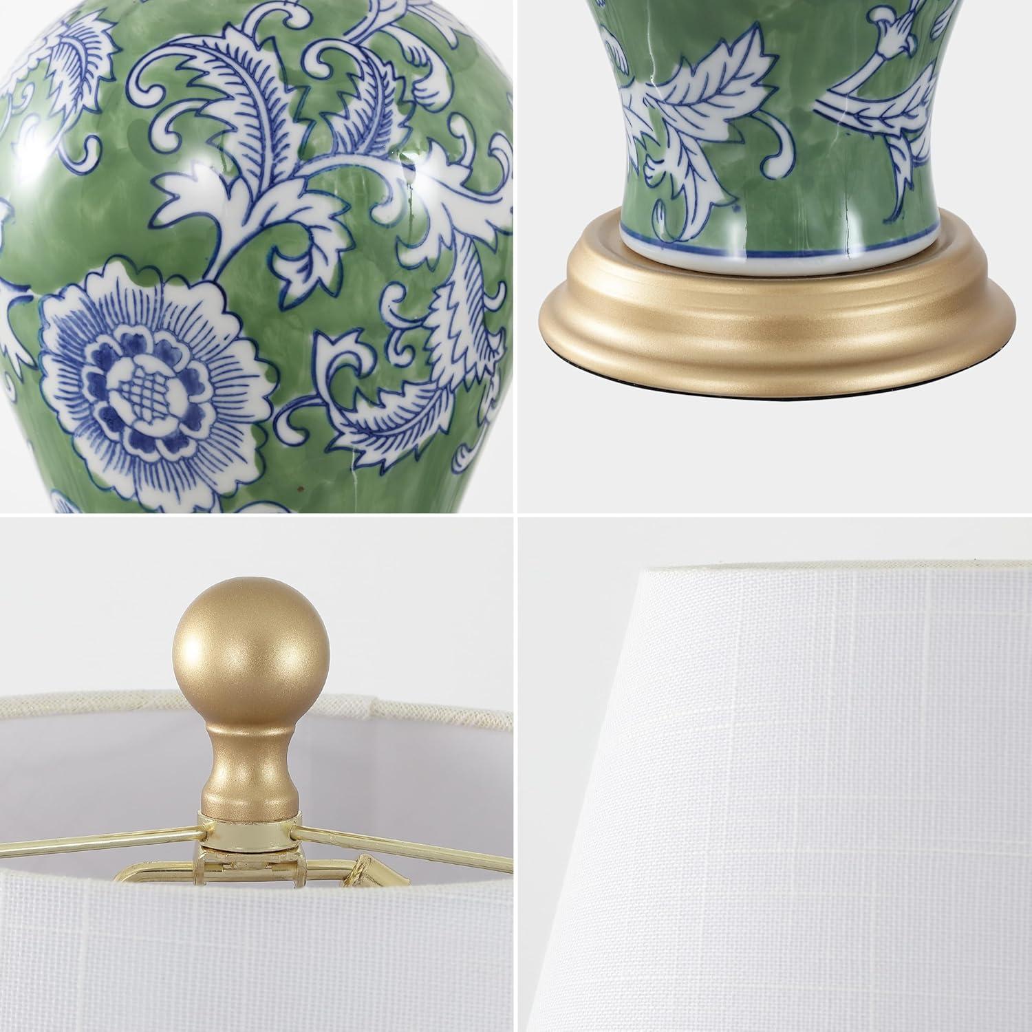 image:imageJONATHAN Y 24 GreenWhite French Country Ceramic Floral Urn Table Lamp White Linen Shade Chinoiserie Ginger Jar Bedside Lamp for Living Room Bedroom LED Bulb JYL3009FGreenWhite