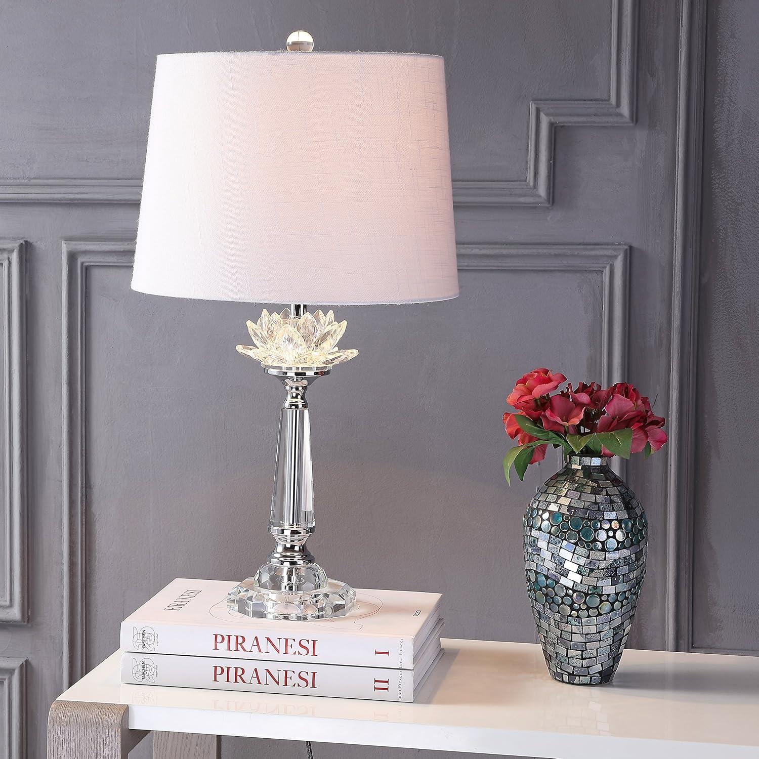 image:imageJONATHAN Y 245 Clear Crystal LED Table Lamp Hollywood Regency Modern Glam Candlestick Lamp with White Linen Drum Shade for Living Room Bedroom LED Bulb Included JYL2016A