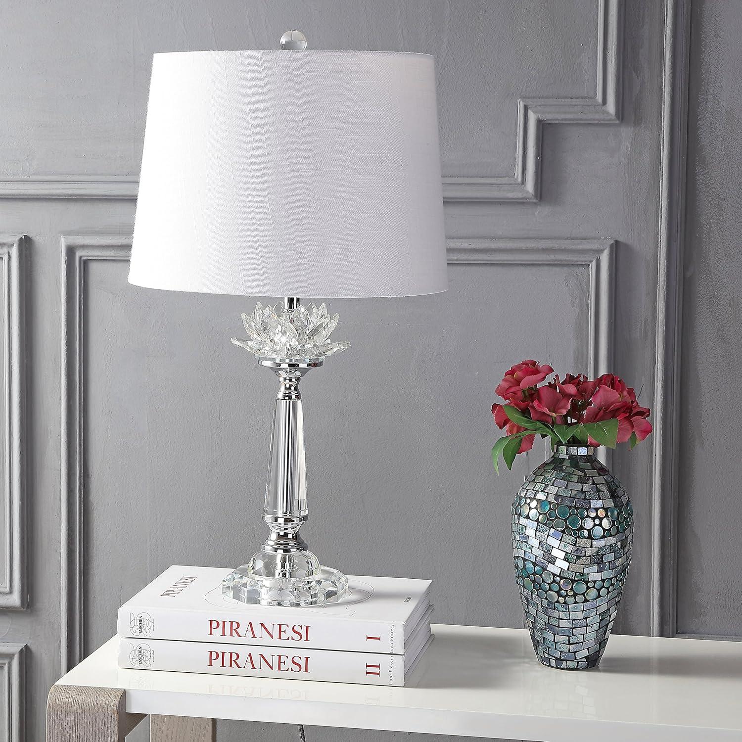 image:imageJONATHAN Y 245 Clear Crystal LED Table Lamp Hollywood Regency Modern Glam Candlestick Lamp with White Linen Drum Shade for Living Room Bedroom LED Bulb Included JYL2016A