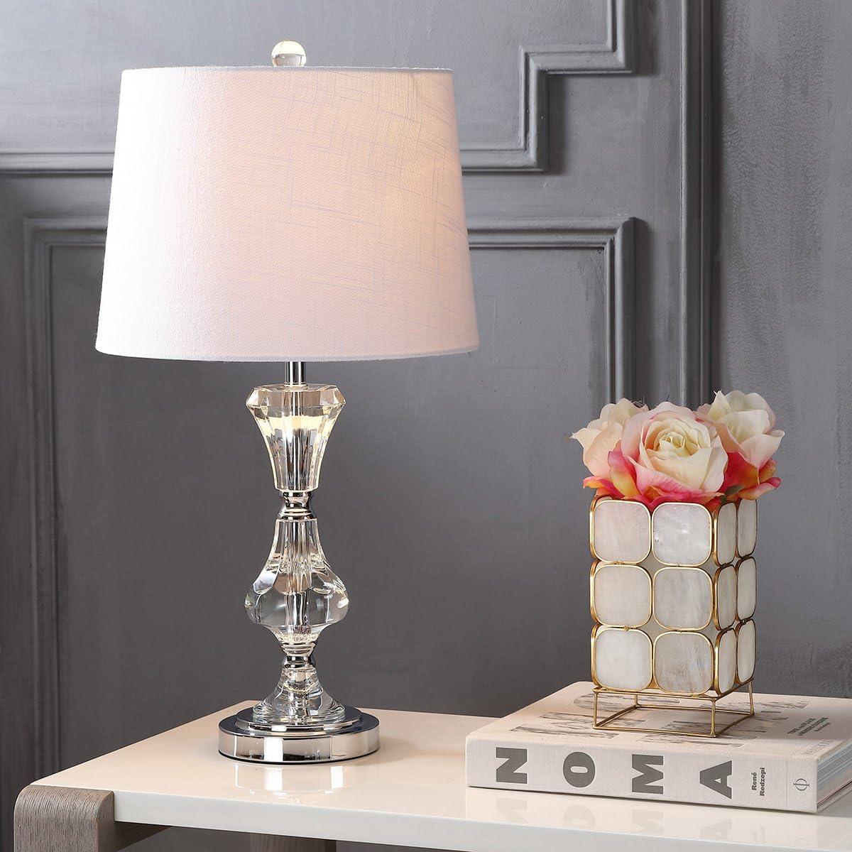 image:imageJONATHAN Y 25 Clear Crystal Table Lamp Glam Traditional Faceted Glass Bedside Lamp for Living Room Bedroom White Linen Shade Chrome Accents LED Bulb Included JYL2040A