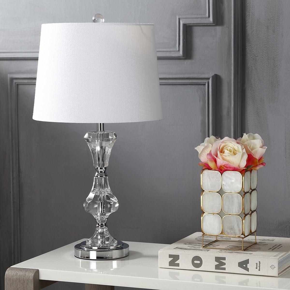 image:imageJONATHAN Y 25 Clear Crystal Table Lamp Glam Traditional Faceted Glass Bedside Lamp for Living Room Bedroom White Linen Shade Chrome Accents LED Bulb Included JYL2040A