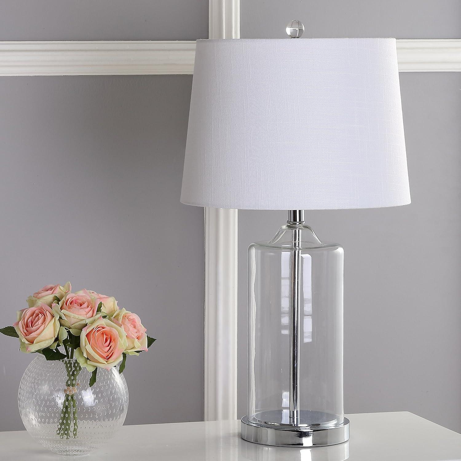 image:imageJONATHAN Y 25 Clear Glass and Chrome LED Table Lamp Modern Coastal Bedside Lamp with White Linen Drum Shade for Living Room Farmhouse Decor LED Bulb Included JYL1018A