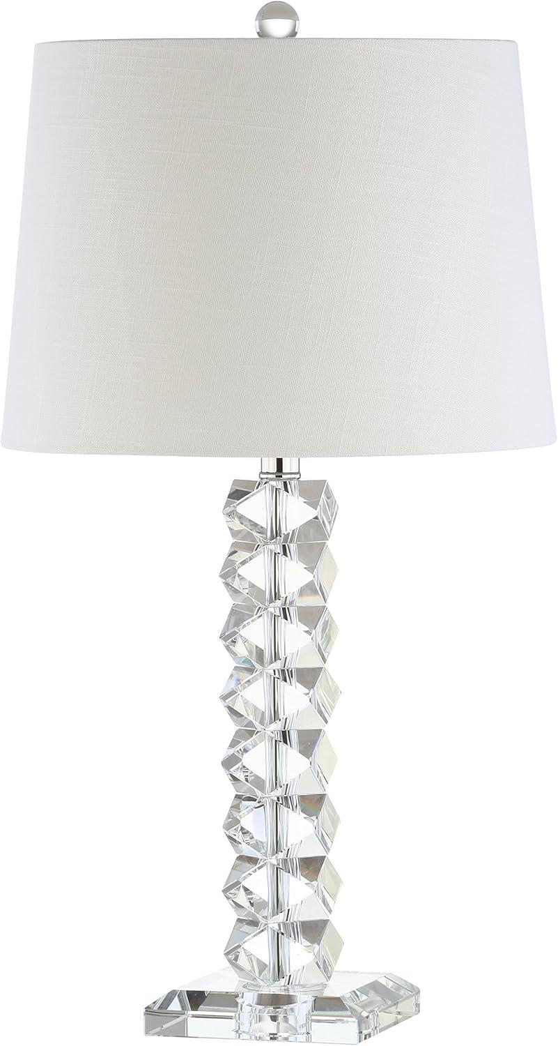 image:imageJONATHAN Y 255 Clear Faceted Crystal Table Lamp Modern Glam Chrome Bedside Lamp with White Linen Drum Shade for Living Room Bedroom UL Listed LED Bulb Included JYL2013A