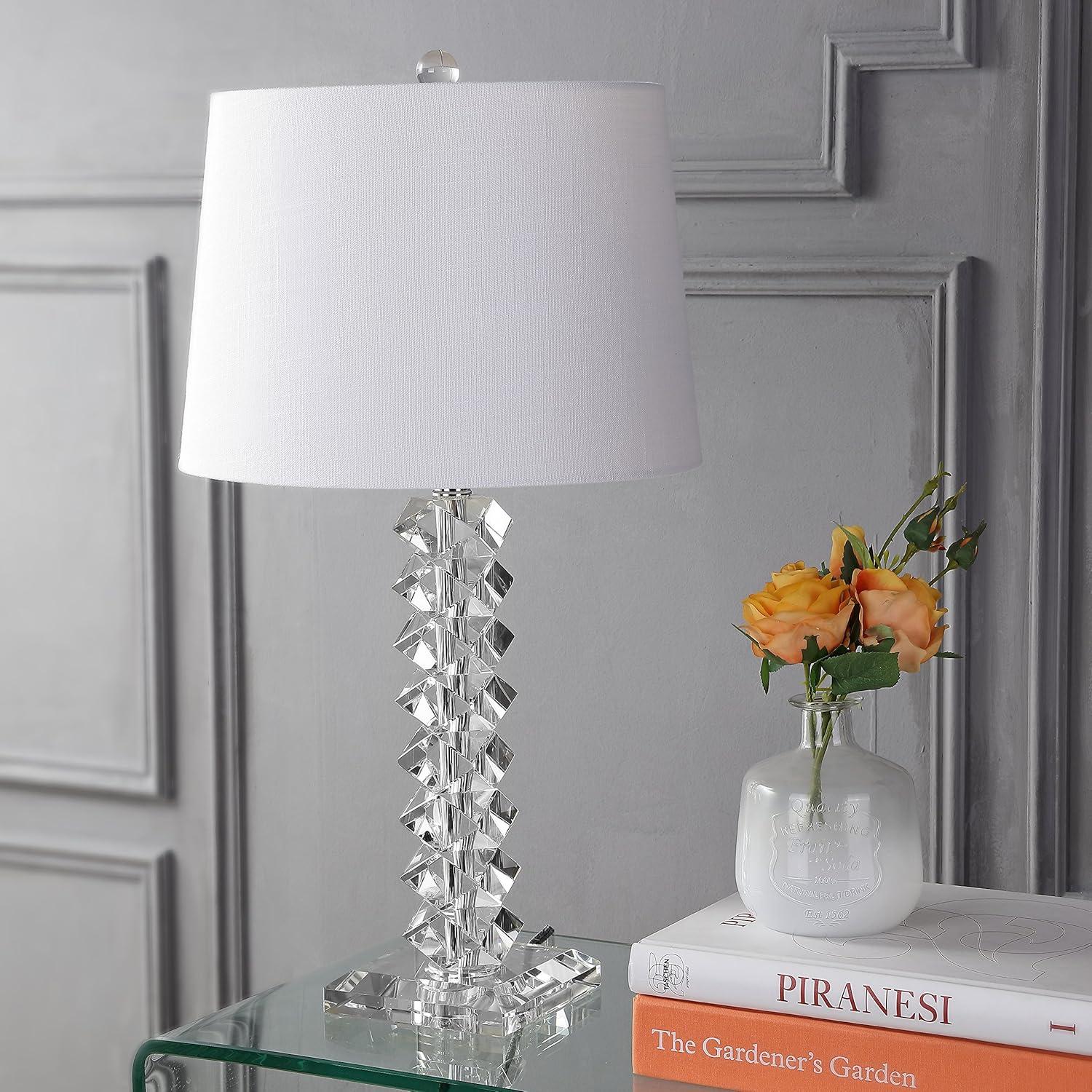 image:imageJONATHAN Y 255 Clear Faceted Crystal Table Lamp Modern Glam Chrome Bedside Lamp with White Linen Drum Shade for Living Room Bedroom UL Listed LED Bulb Included JYL2013A