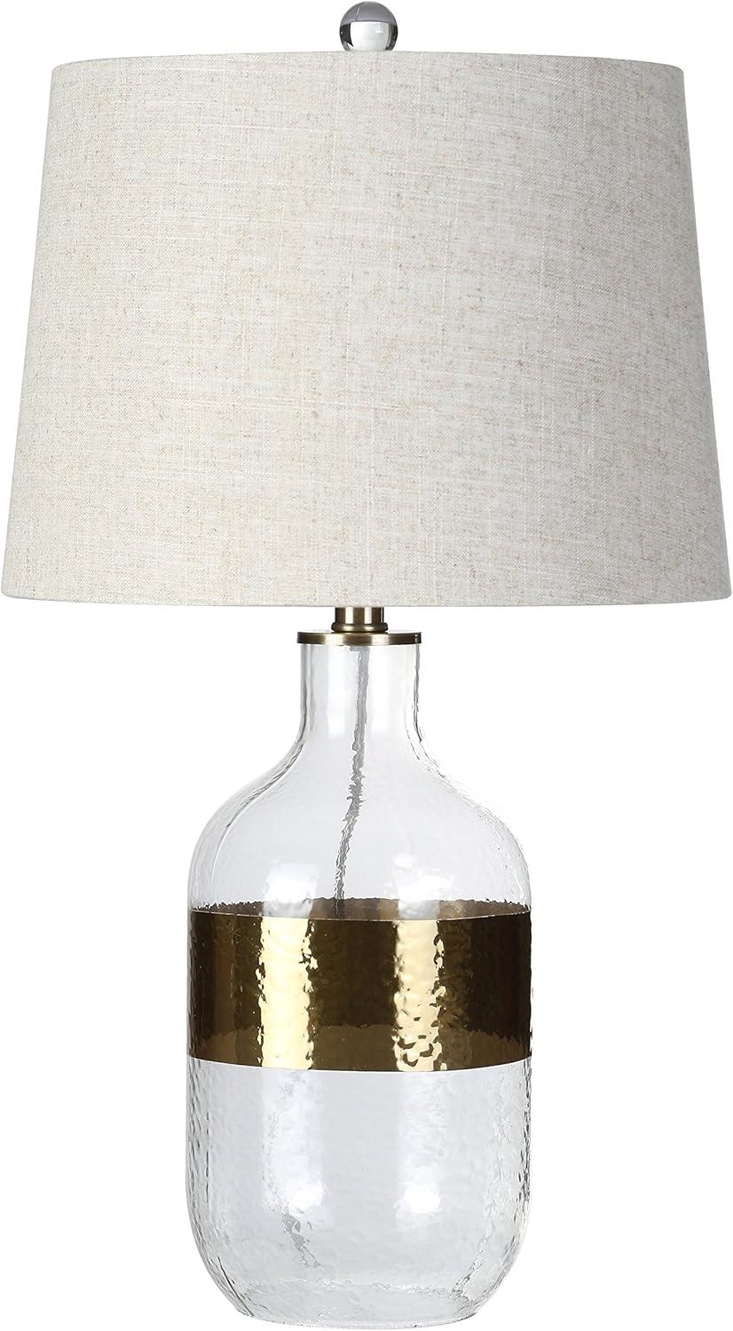 image:imageJONATHAN Y 255 Clear Glass and Brass Gold Table Lamp Modern Farmhouse Banded Bottle Lamp for Living Room Bedroom Gray Linen Drum Shade LED Bulb Included UL Listed JYL4001A