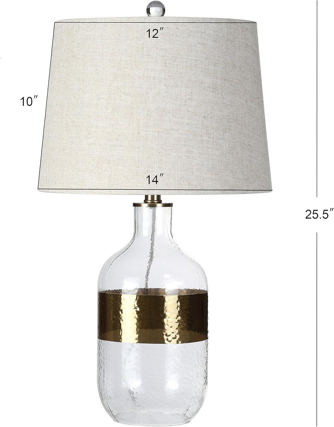 image:imageJONATHAN Y 255 Clear Glass and Brass Gold Table Lamp Modern Farmhouse Banded Bottle Lamp for Living Room Bedroom Gray Linen Drum Shade LED Bulb Included UL Listed JYL4001A