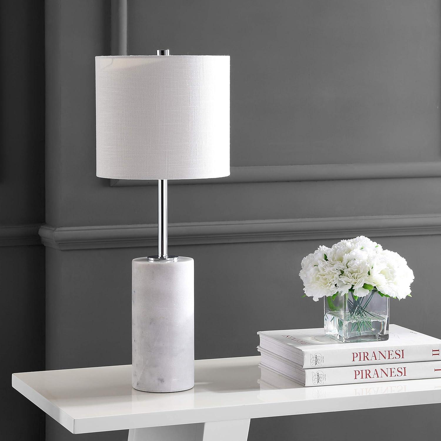 image:imageJONATHAN Y 255 White Marble and Chrome Modern LED Table Lamp Minimalist Iron Bedside Lamp for Living Room Bedroom White Linen Drum Shade LED Bulb Included JYL2007A