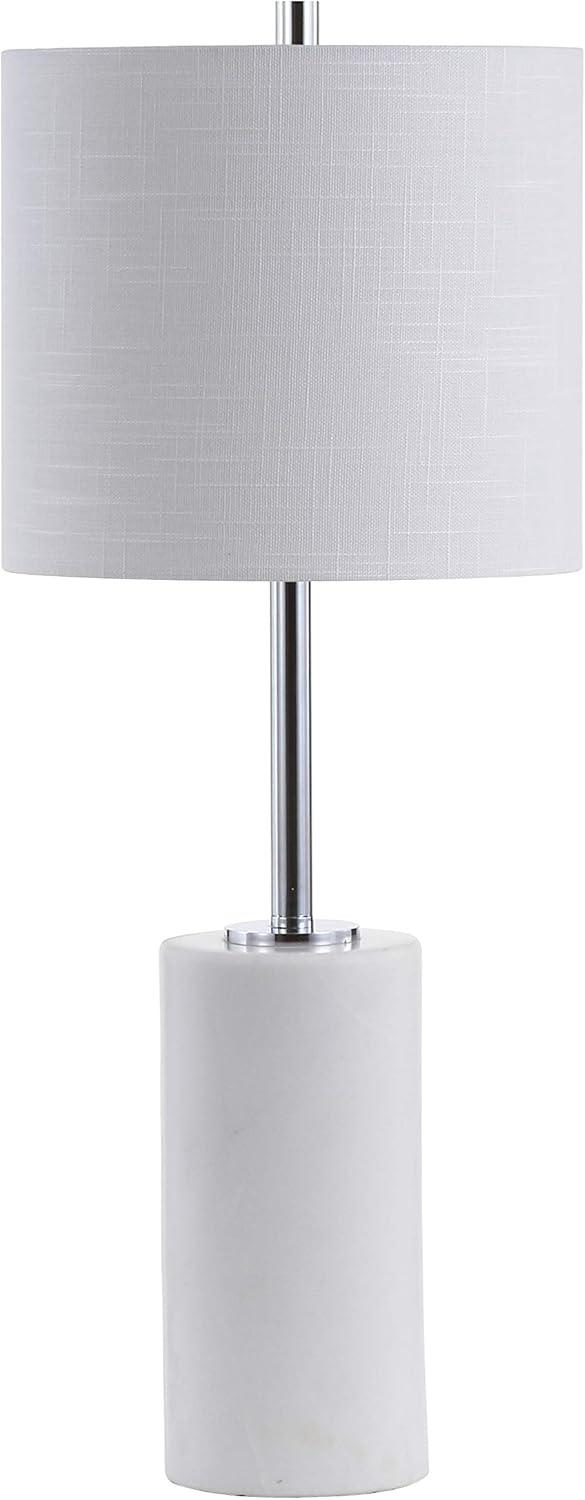 image:imageJONATHAN Y 255 White Marble and Chrome Modern LED Table Lamp Minimalist Iron Bedside Lamp for Living Room Bedroom White Linen Drum Shade LED Bulb Included JYL2007A