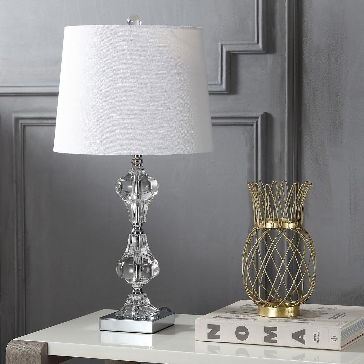 image:imageJONATHAN Y 26 Clear Crystal Column Table Lamp Glam Transitional Chrome Metal Lamp with White Linen Shade for Living Room Bedroom Nightstand LED Bulb Included JYL2038A