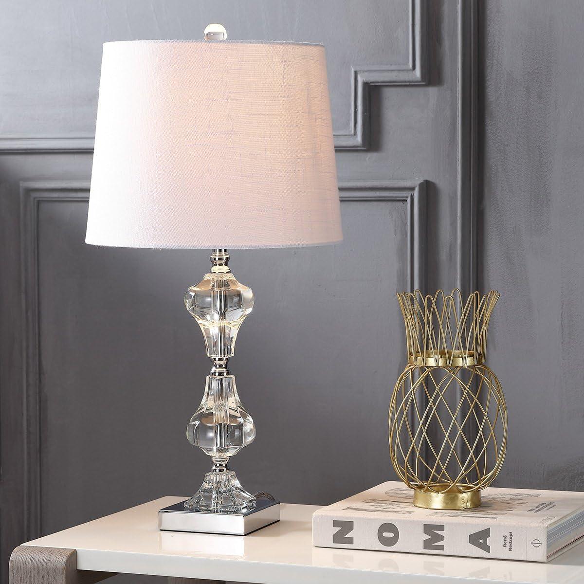 image:imageJONATHAN Y 26 Clear Crystal Column Table Lamp Glam Transitional Chrome Metal Lamp with White Linen Shade for Living Room Bedroom Nightstand LED Bulb Included JYL2038A