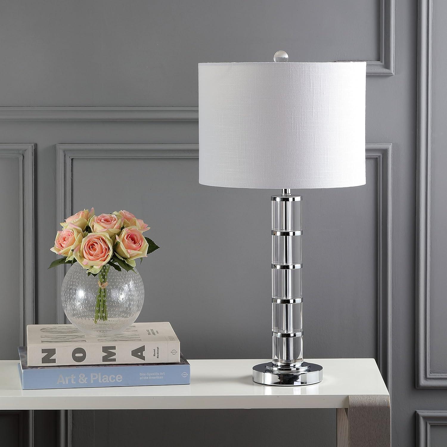 image:imageJONATHAN Y 26 Clear Crystal and Chrome LED Table Lamp Modern Glam Pillar Bedside Lamp with White Linen Drum Shade for Living Room Bedroom LED Bulb Included JYL2053A