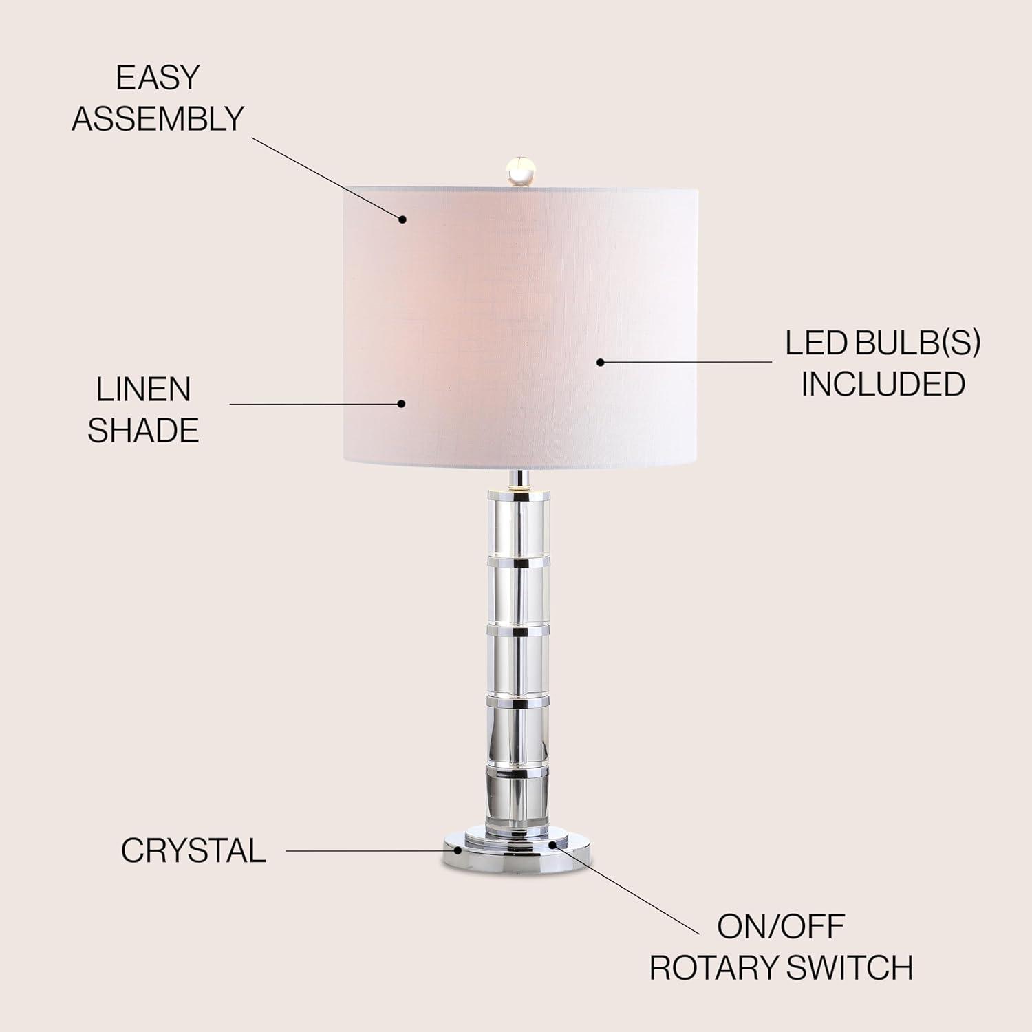 image:imageJONATHAN Y 26 Clear Crystal and Chrome LED Table Lamp Modern Glam Pillar Bedside Lamp with White Linen Drum Shade for Living Room Bedroom LED Bulb Included JYL2053A