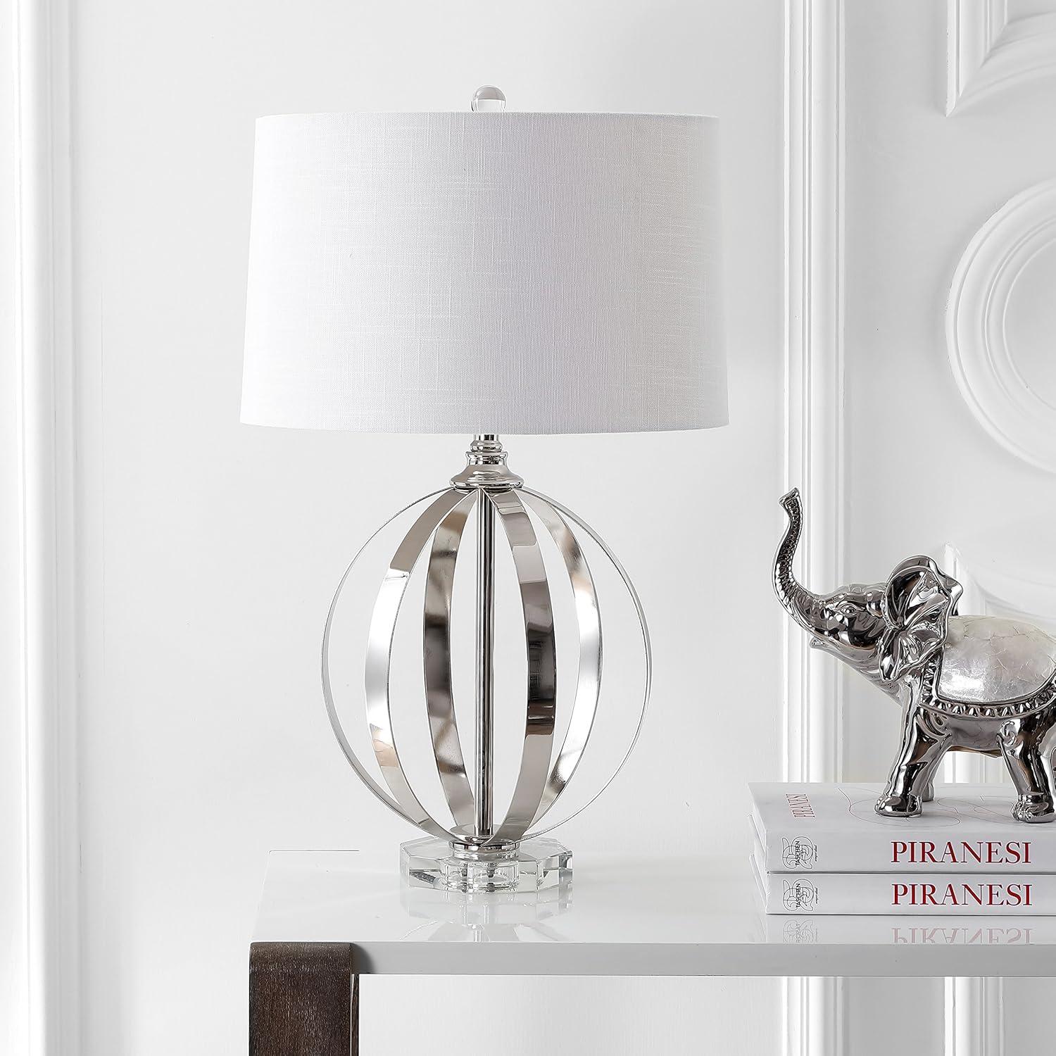 image:imageJONATHAN Y 26 Polished Nickel Metal Orb LED Table Lamp Modern Contemporary Iron and Crystal Base White Linen Drum Shade for Living Room Bedroom LED Bulb Included JYL1086A