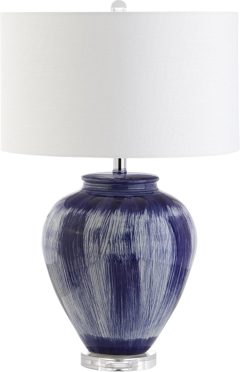 image:imageJONATHAN Y 26 Seaside Blue Ceramic LED Table Lamp Coastal Glam Reactive Glaze Lamp with Crystal Base for Living Room Bedroom White Linen Drum Shade LED Bulb Included JYL5013A