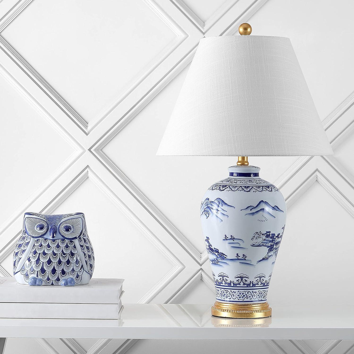 image:imageJONATHAN Y 265 Blue and White Ceramic Ginger Jar Table Lamp Traditional Chinoiseries Landscape for Bedroom Living Room White Linen Empire Shade LED Bulb Included JYL6610A